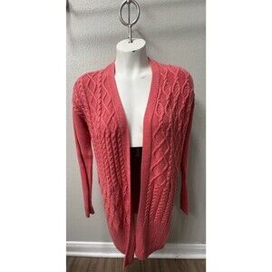 Chicos Cable Knit Cardigan 0 Sweater Pink Cashmere Wool Blend Cozy Cottage Long